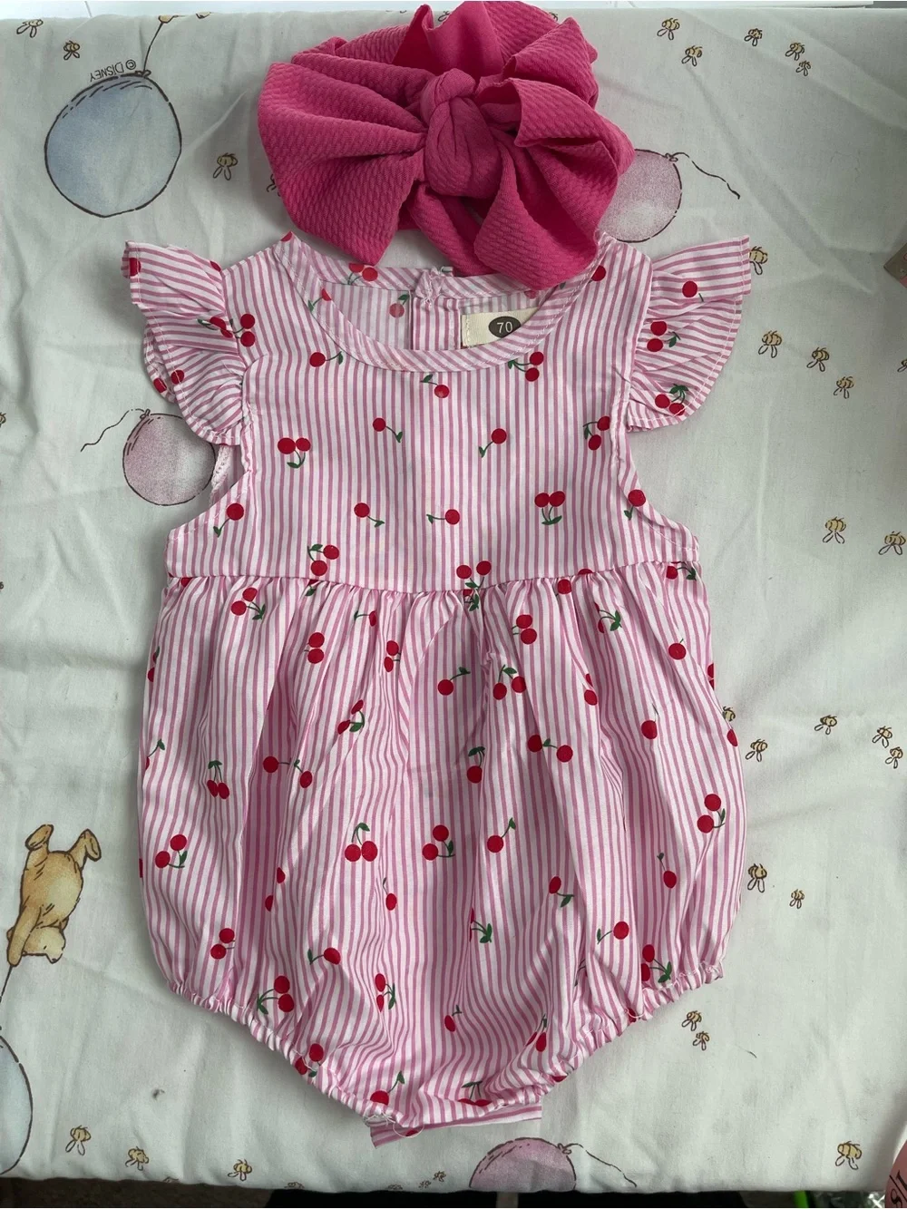 Pink Cherry Stripe Baby Romper with Headband
